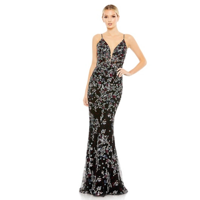 MAC DUGGAL Dress Size 10 Evening Gown Sequin Black Floral Beaded Lace NEW