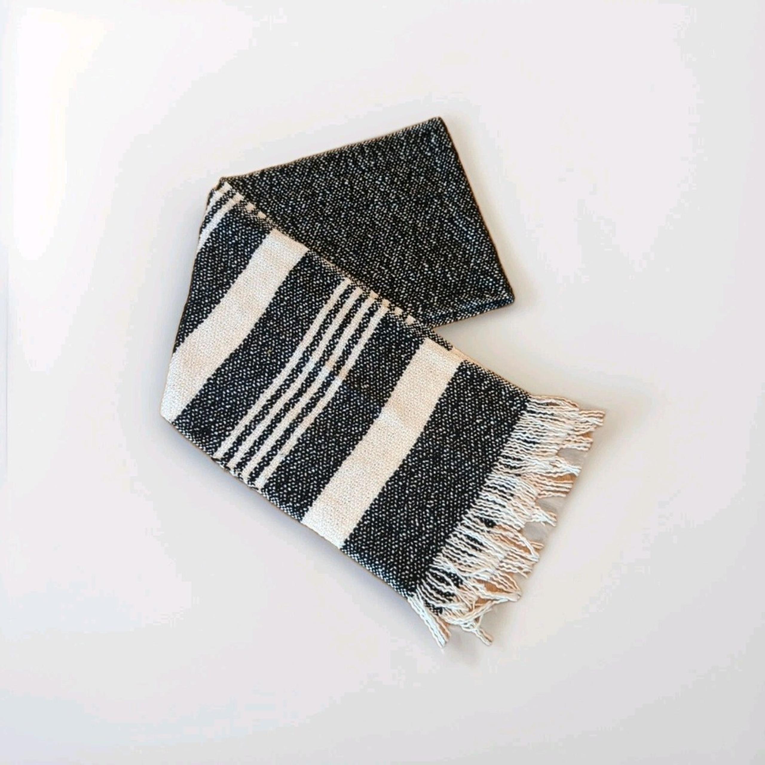 Eileen Fisher Scarf Wrap Black White Stripes Fringe Cotton 72"x11"