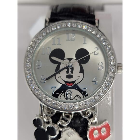Disney Mickey Mouse Watch Charms Crystal Bezel Black Band