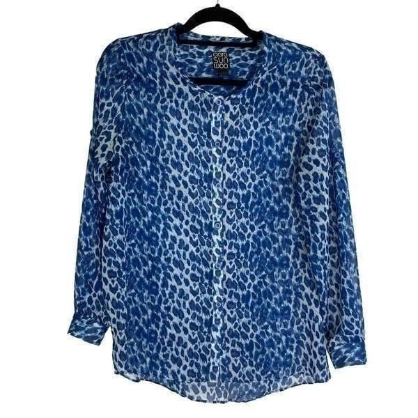 Clara Sun Woo Blue Animal Print Long Sleeves Button Up Shirts Size XS