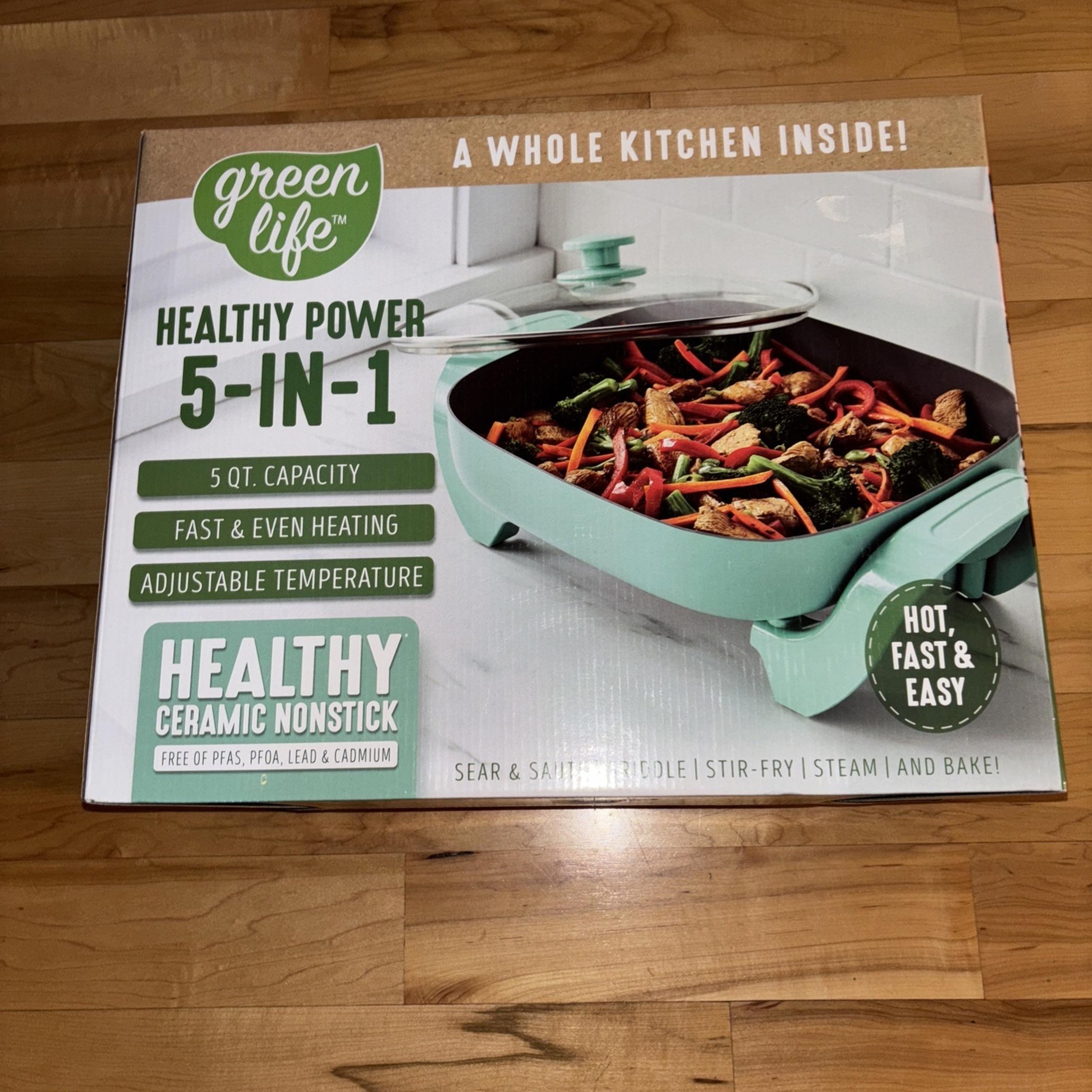 GreenLife 12" 5QT Square Ceramic Nonstick Electric Skillet NEW 5 In 1 Sear Sauté