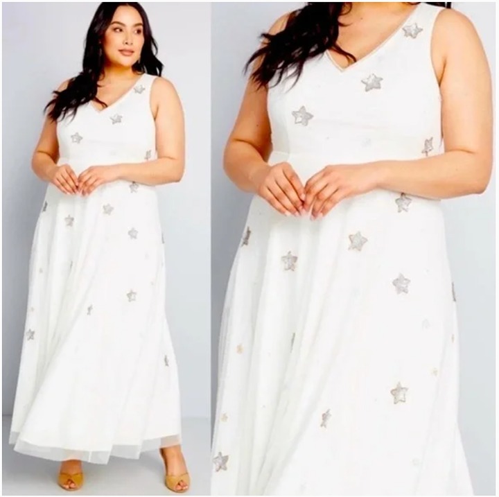 NWT Modcloth Under The Stars Gown Maxi Womens Large White Beads Sequins Wedding