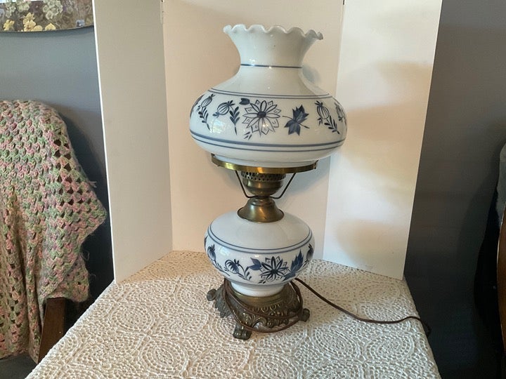 Vintage Milk Glass Blue Onion Hurricane Lamp