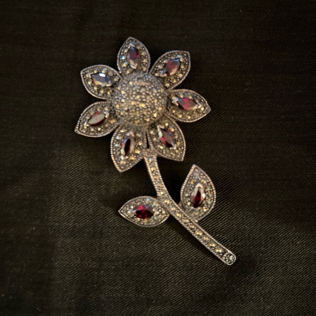 Sterling Silver Garnet & Marcasite Flower Pendant