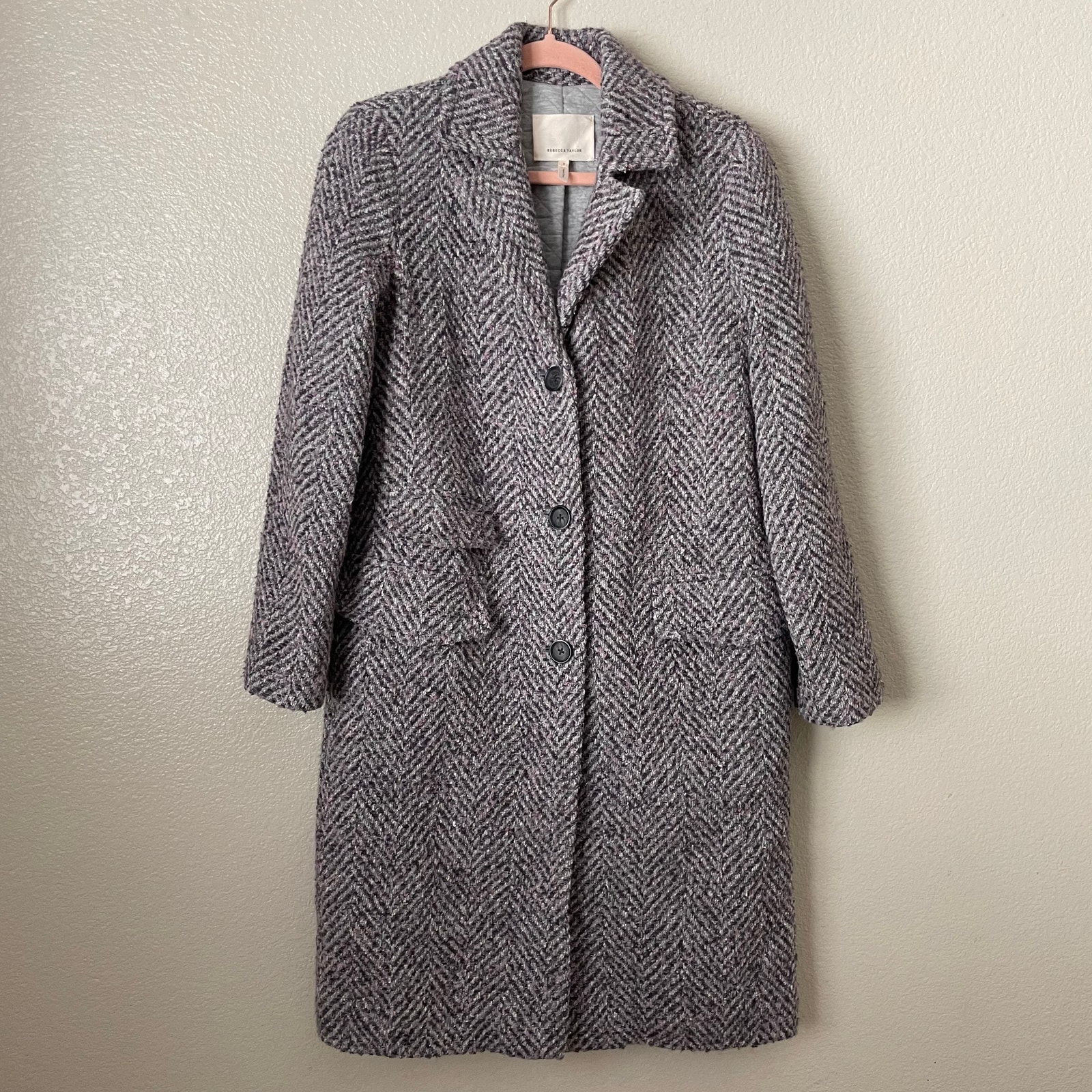 Rebecca Taylor Trench Coat Womens Size 2 Purple Pink Tweed Longline Preppy