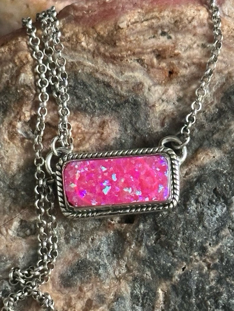 Barbie Pink Aurora Opal Bar southwestern sterling silver necklace .