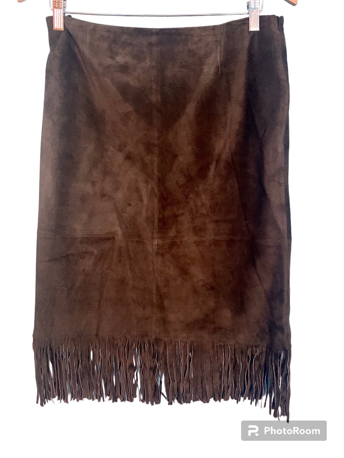 Margaret Godfrey Vintage Brown Suede Leather Fringe Skirt Size 12