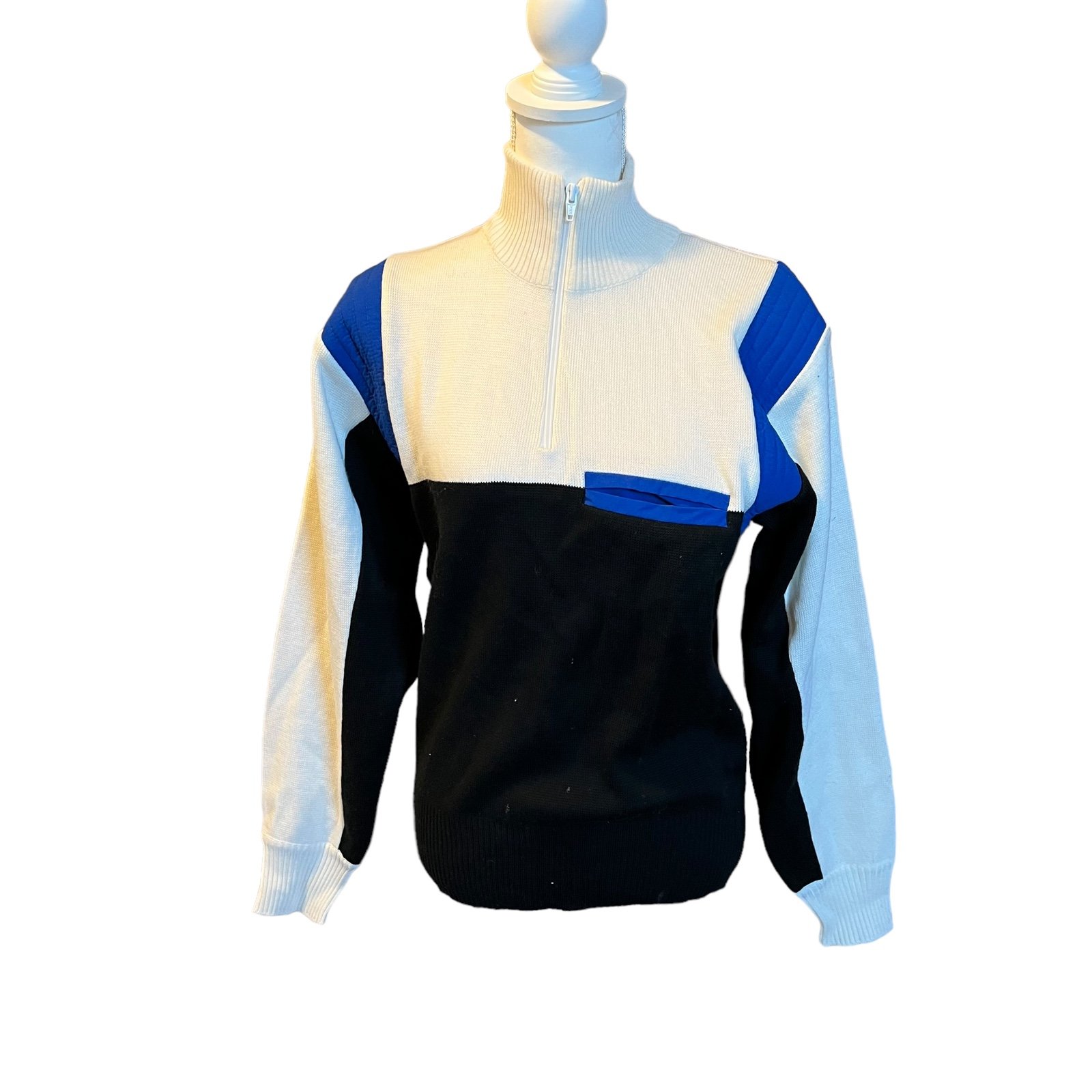 Retro 80s 90s mountain goat ski sweater white blue black men medium wool blend