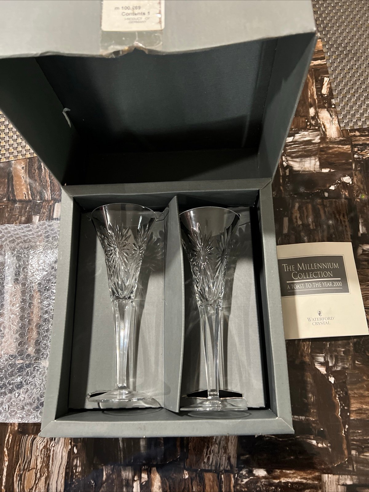 New w Tags 2 Vtg WATERFORD CRYSTAL Millennium Health Champagne Toasting Flutes