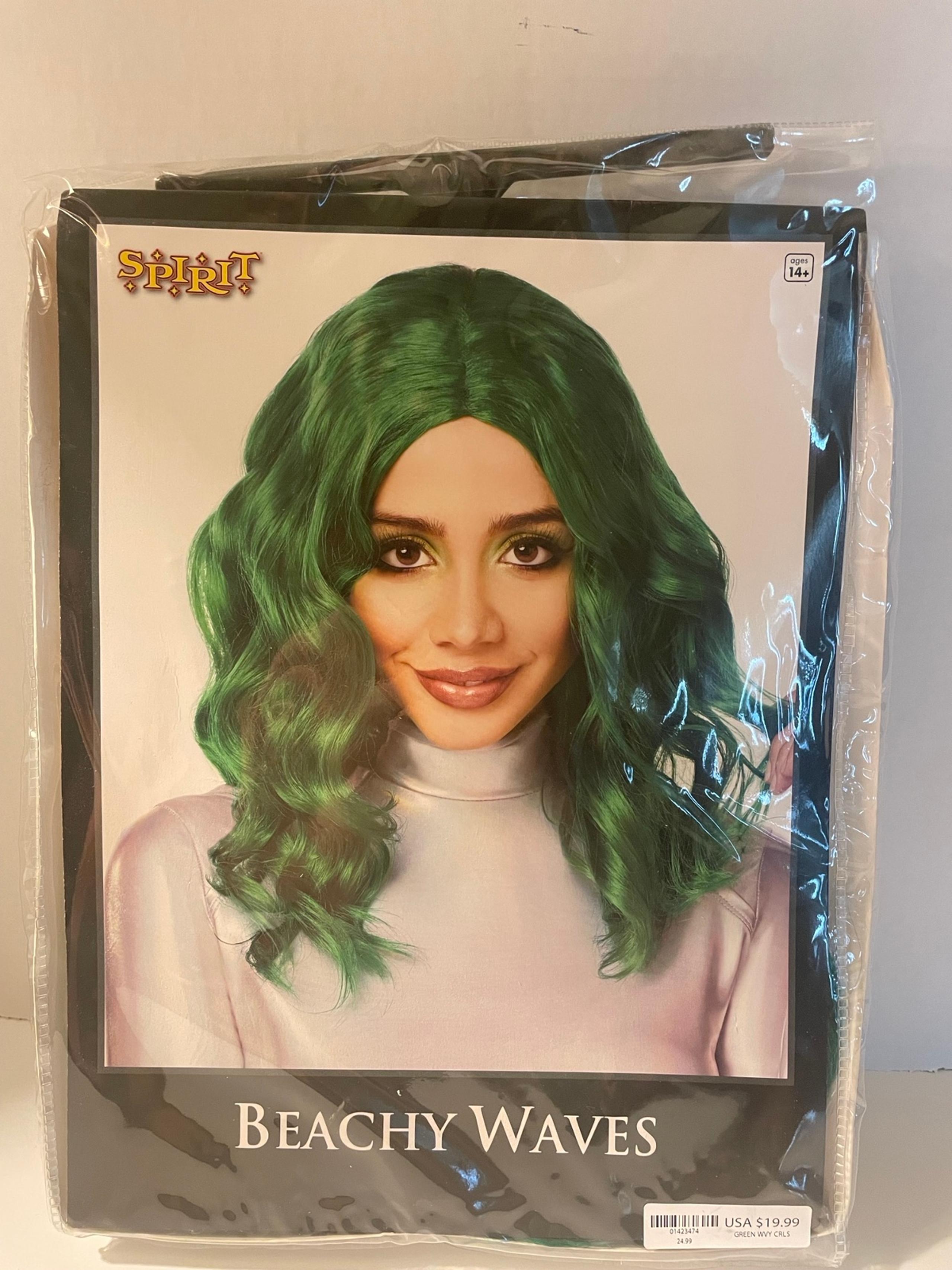 Spirit Halloween Wavy Green Curls Wig Synthetic Cosplay Costume NIP
