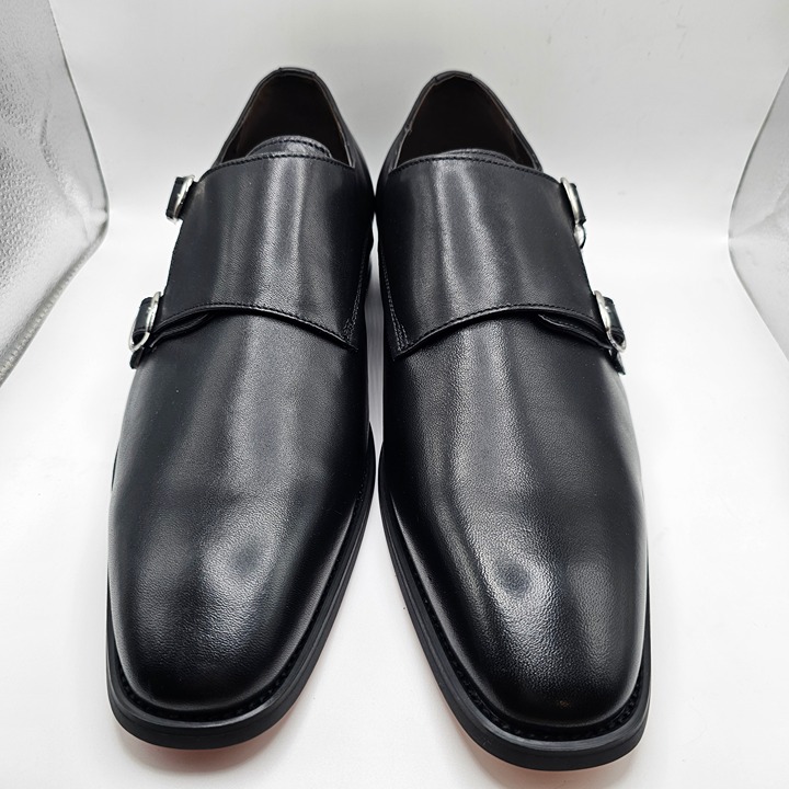 NWOB Men's La Milano Black Leather Plain Toe Double Monk Strap Shoes Size 11