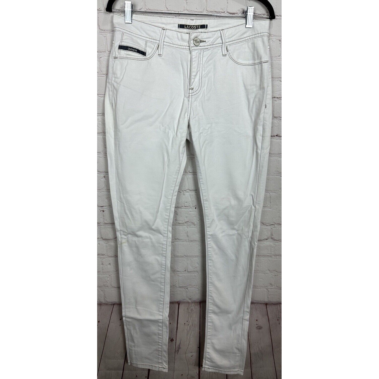 Lacoste Womens Pants white mid Rise skinny lightweight jeans, sz 42