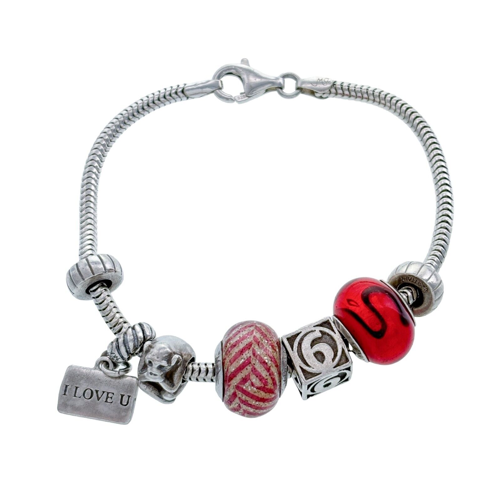 Vintage Murano Italy Sterling Silver 925 Red Charm Bracelet 7.5
