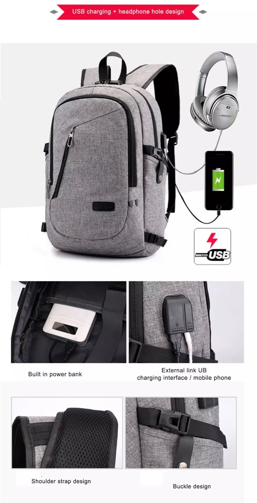 15.6 Inch Laptop Backpack USB Charging + Headphone Hole Large Capacity Business