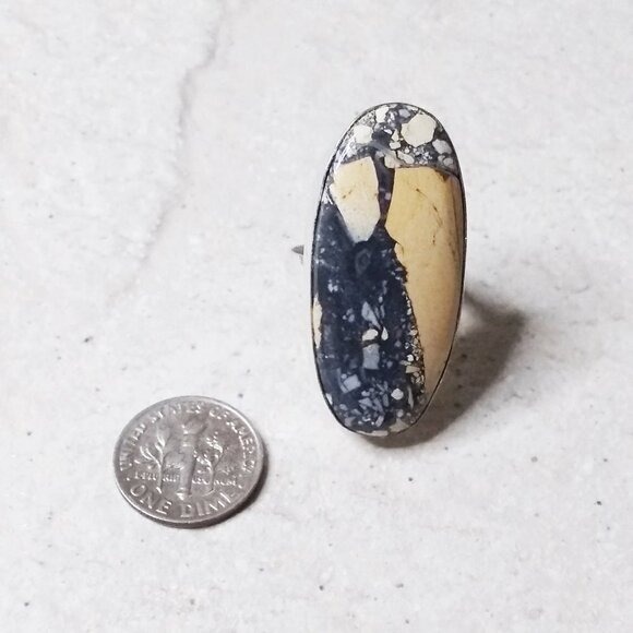 HUGE! Minimalist Maligano Jasper Ring 925 Sz 9.25! Sandy Beige Gray Color Scheme