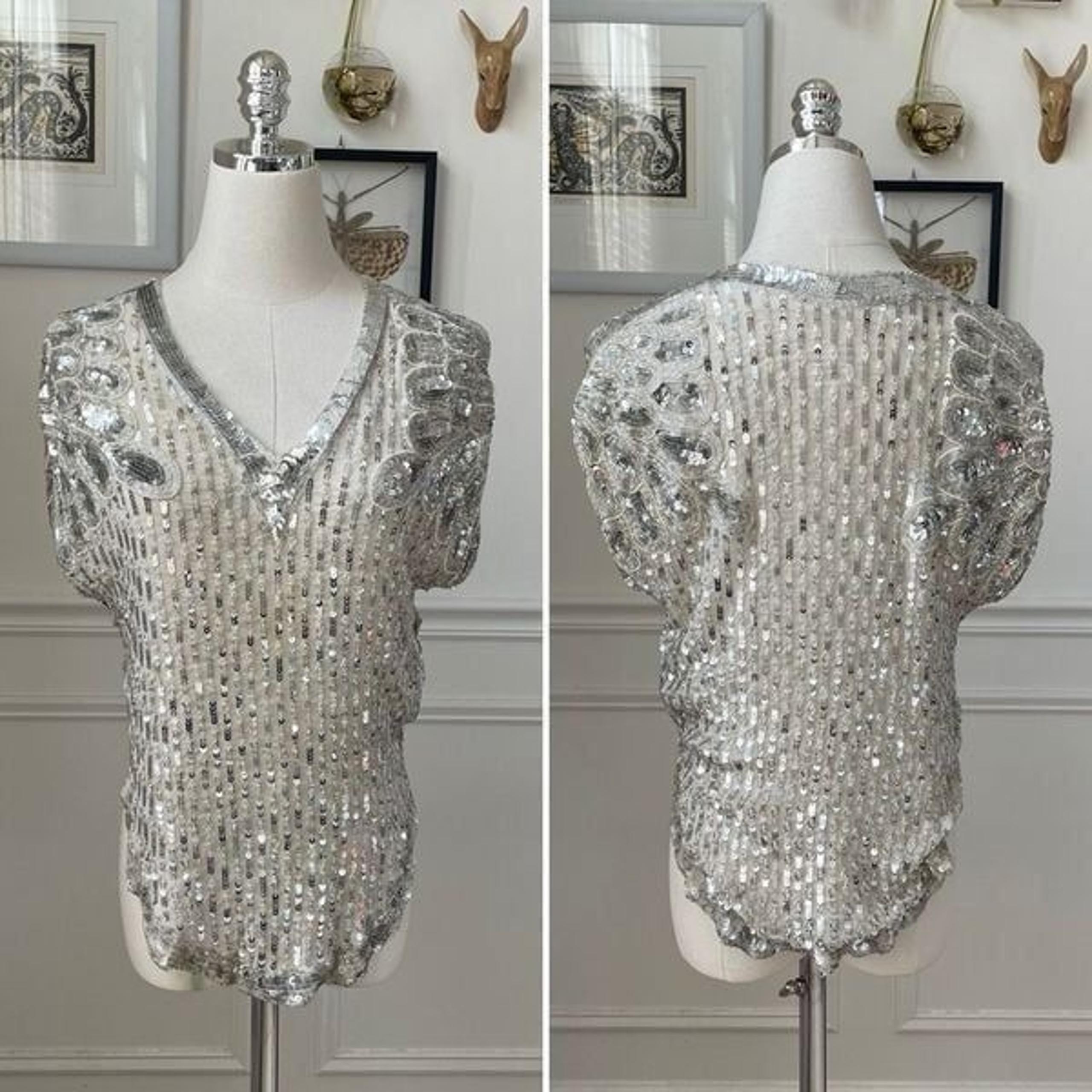Vintage 70s Judith Ann Creations Ivory Silver Embellished Bling Sequins Pearl To
