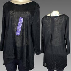 Philosophy +XXL Solid Black Sheer Crew Neckline Step-Hemline 3/4 Sleeve Top