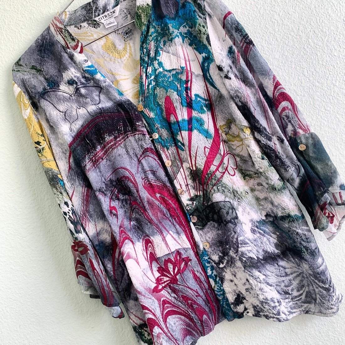 CITRON Santa Monica watercolor print blouse button up top silk XL shirt abstract