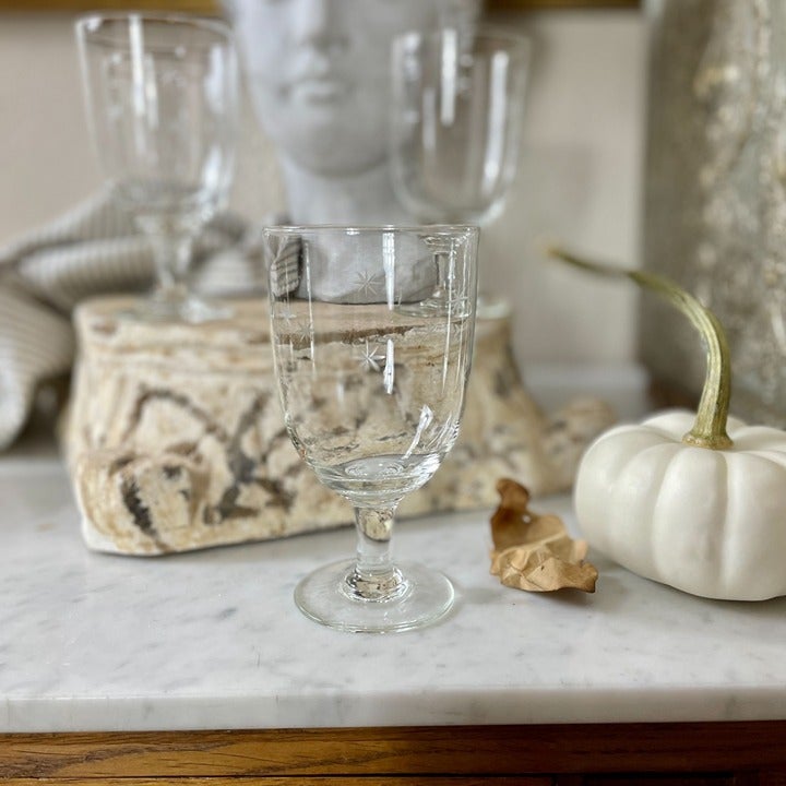 Vintage Set of 4 MCM Glass Water Goblet Glasses Cups Etched Atomic Starburst Lot