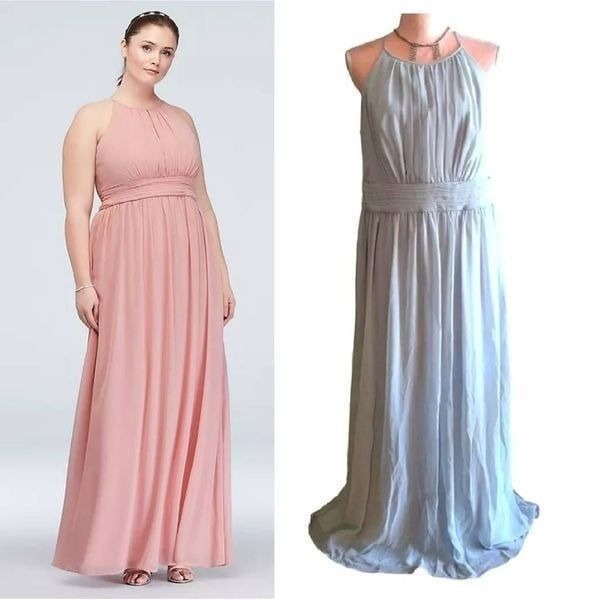 David's Bridal Grey High Neck Chiffon Formal Maxi Dress w/ Keyhole Plussize 16