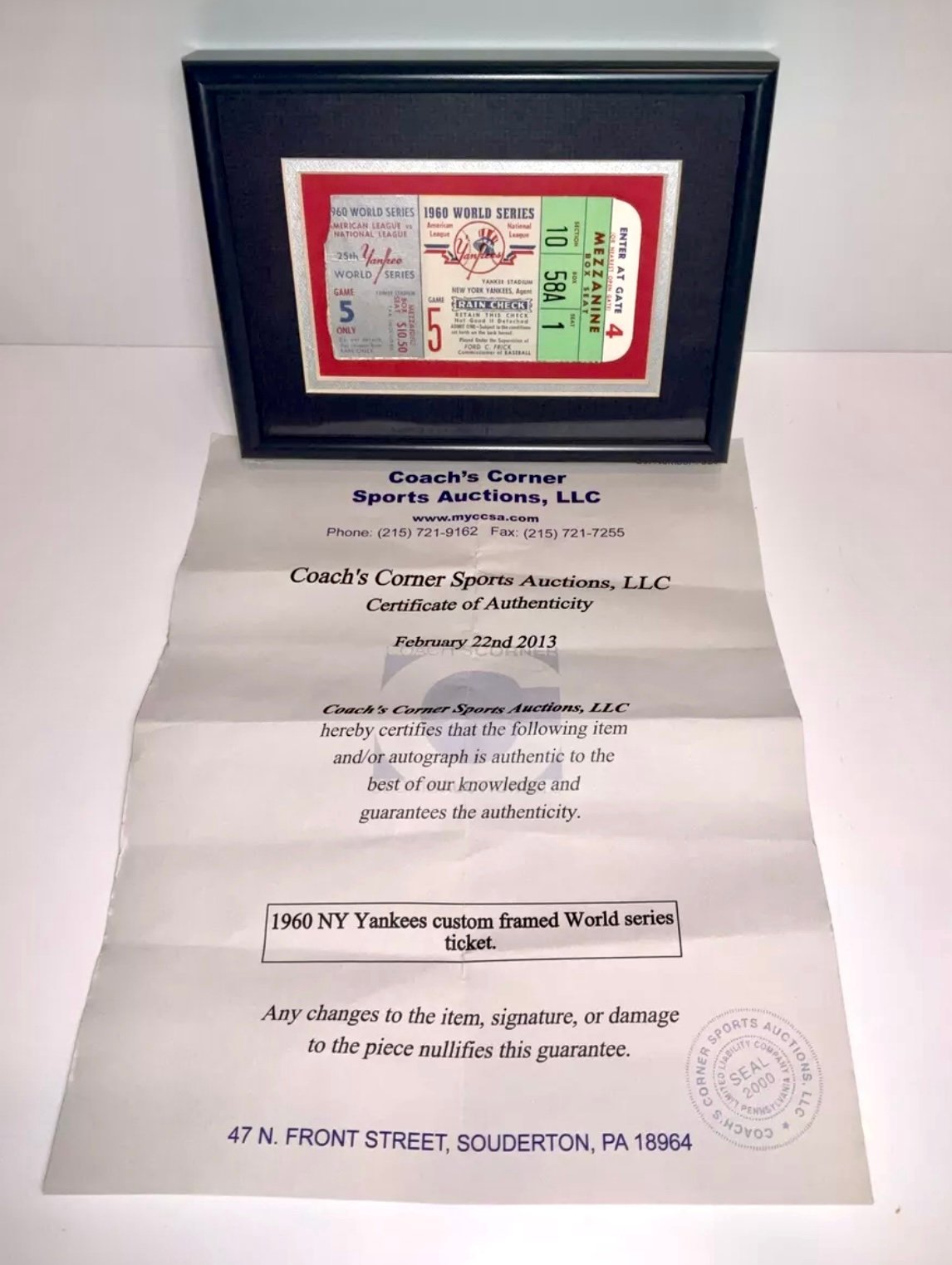 1960 New York Yankees World Series Baseball Ticket Stub Framed With COA !