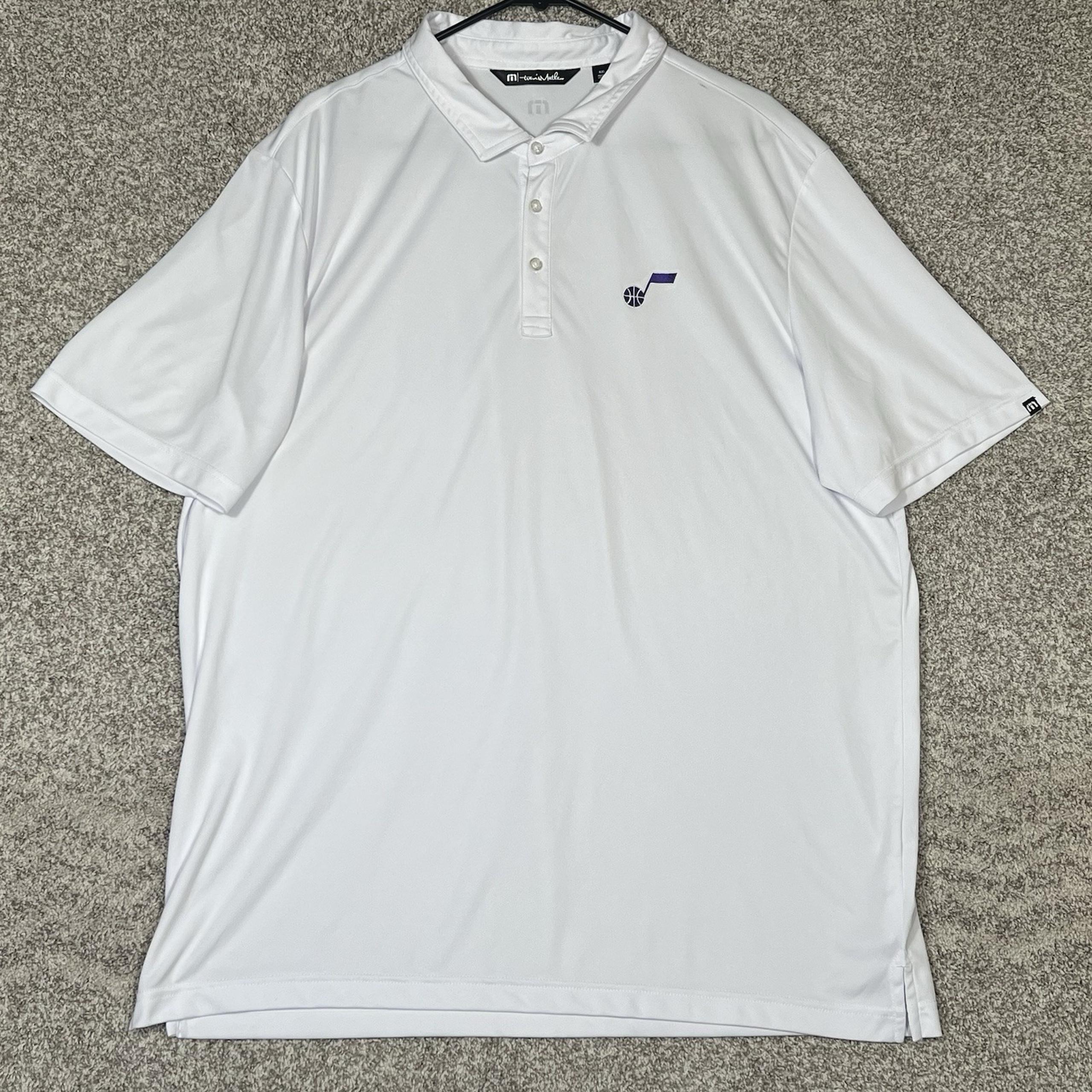 Travis Mathew Polo Shirt Mens 2XL White Utah Jazz Logo Golf Casual Short Sleeve