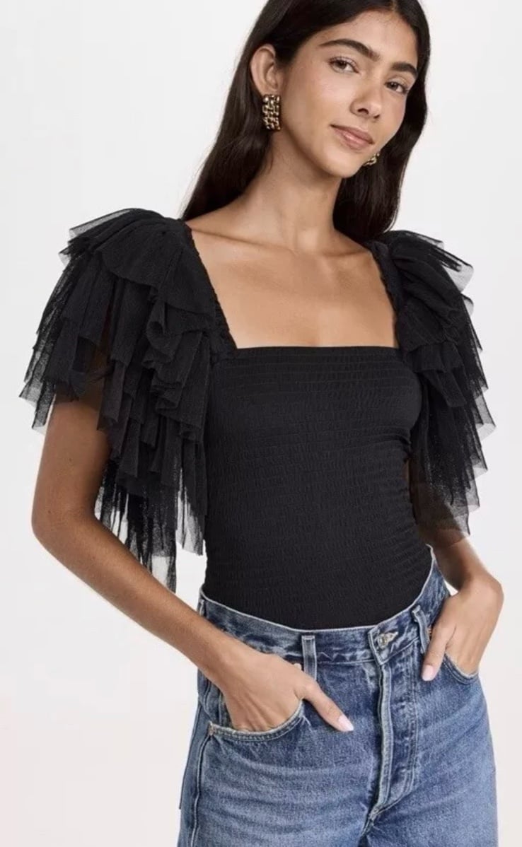 Free People NWOT Intimately FP Kill The Light Ruffle Black Bodysuit Sz L NEW