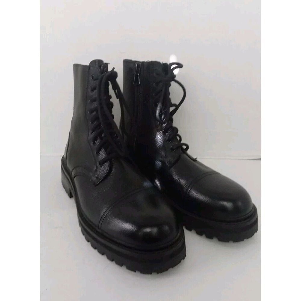 Leather Ankle Boots Lace Up Combat Moto Biker Black