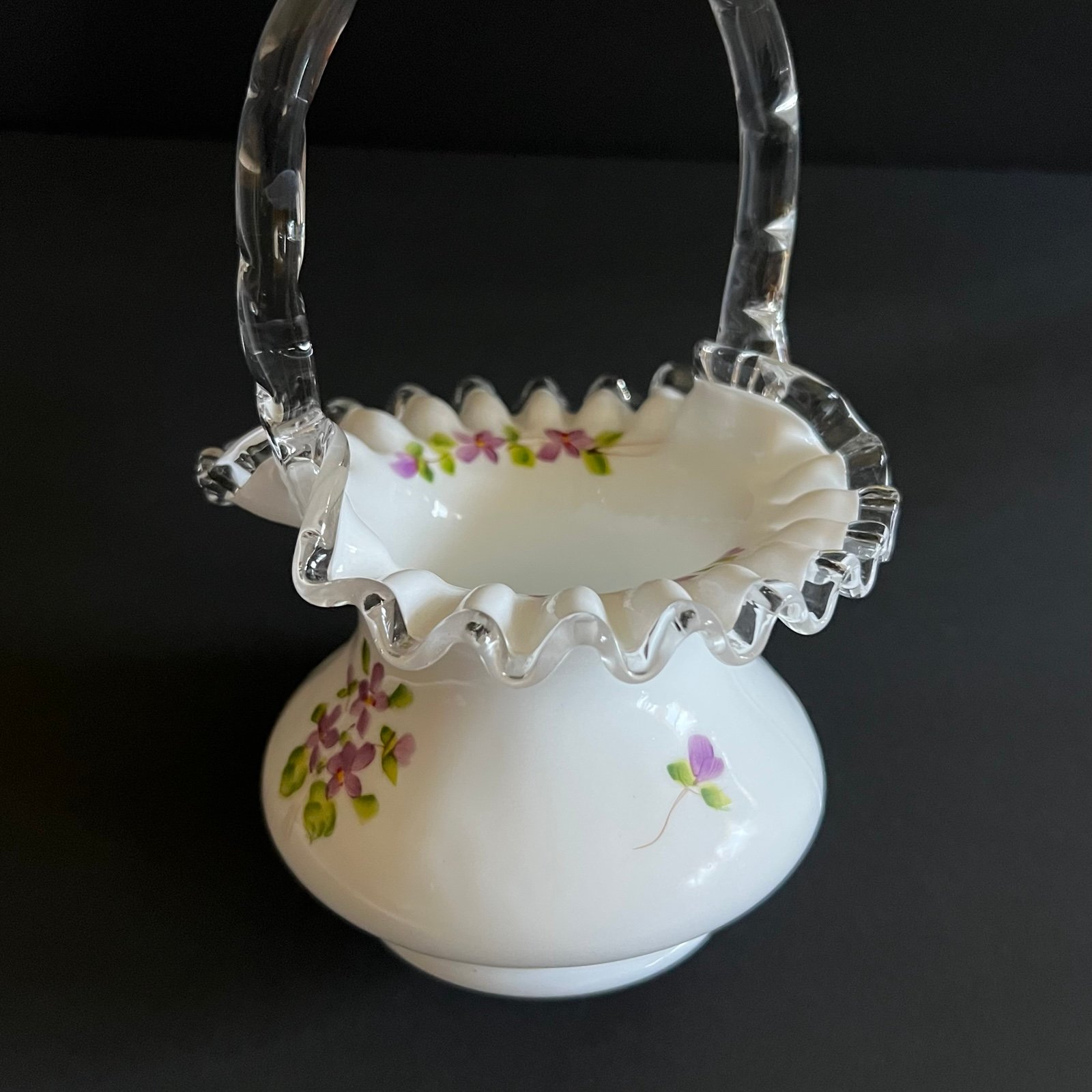 Fenton Ruffled Rim Hand Painted Floral Basket Candy Dish 8”