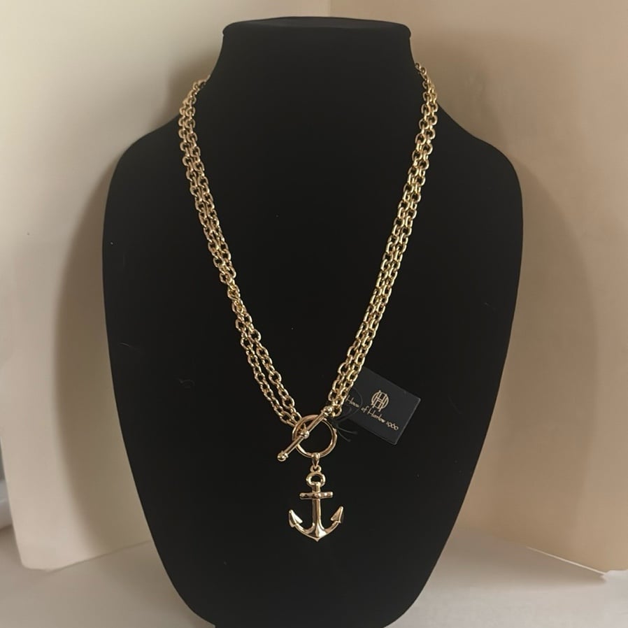 HOUSE OF HARLOW 23” 24k Gold Plated Nautical Anchor Toggle Necklace NWT 150