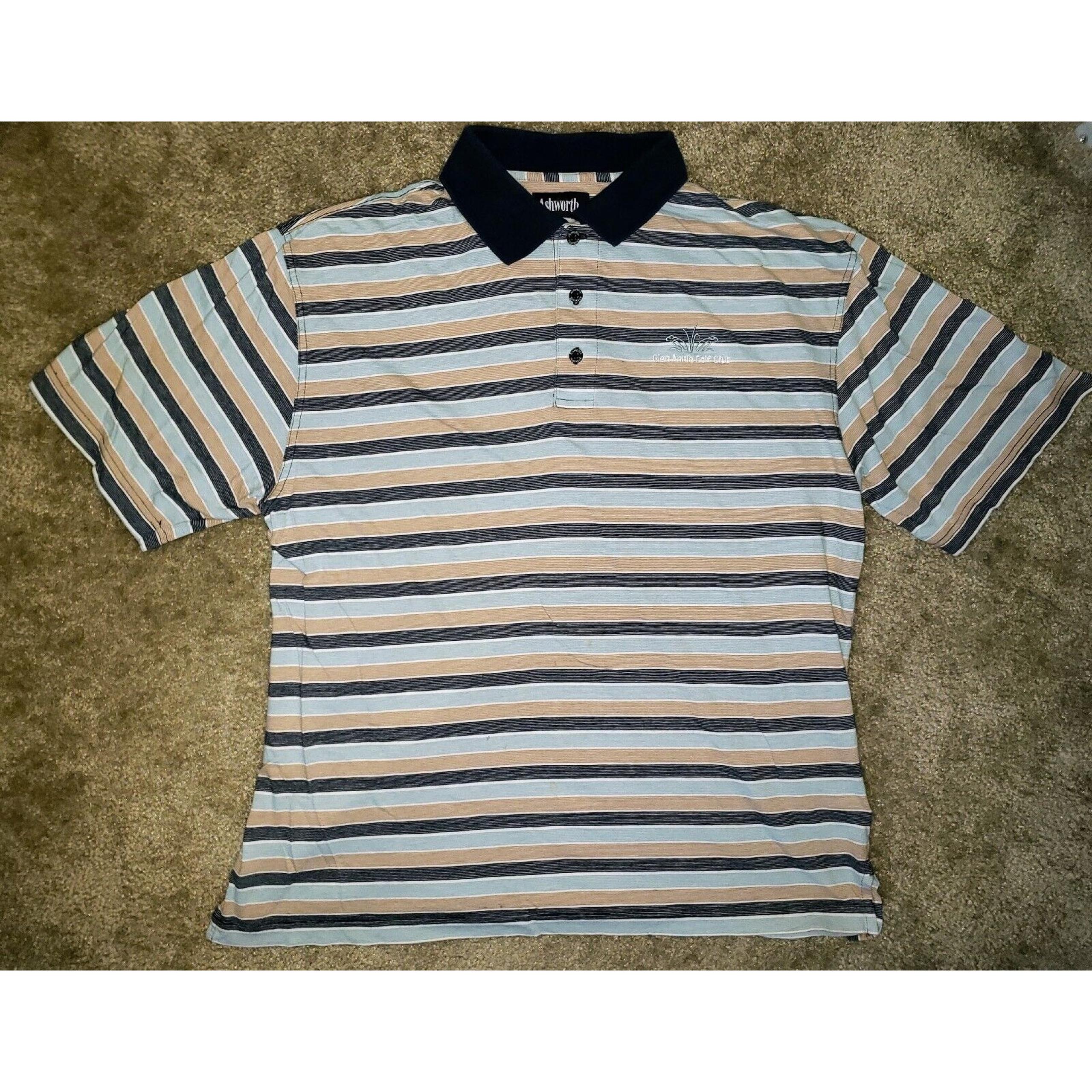 Ashworth Polo Shirt Mens Large Beige White Blue White Striped Golf Short Sleeve