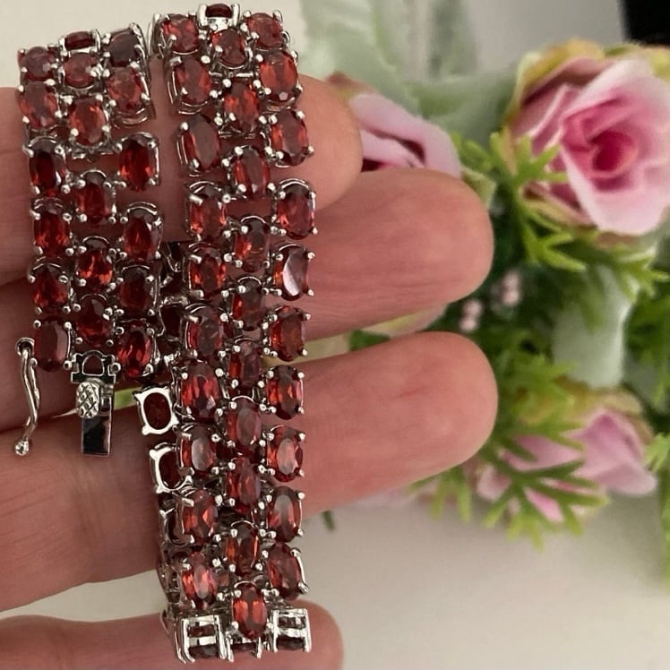 25CT Natural Garnet Three-Row Tennis Bracelet Platinum Finish 7”