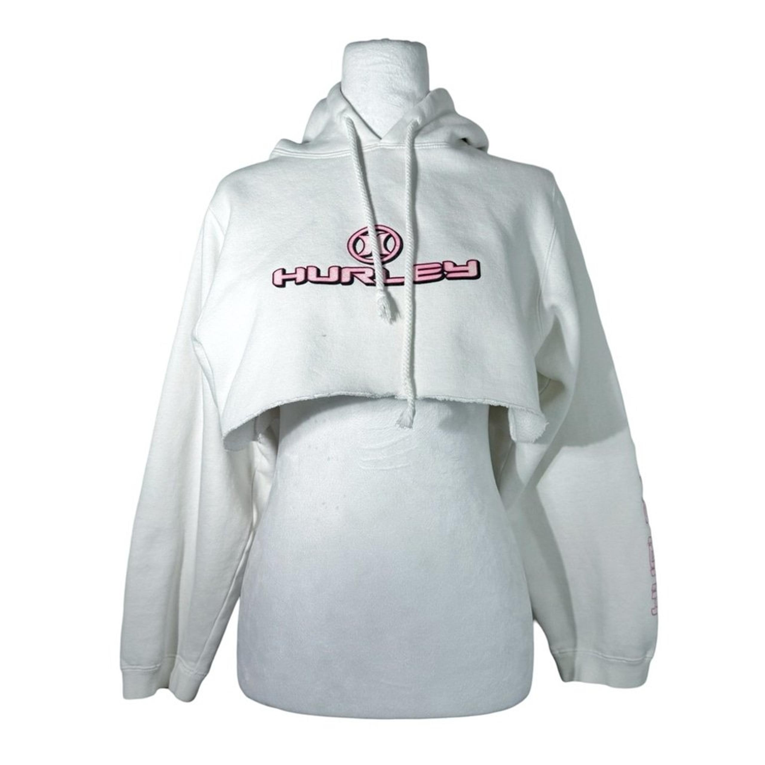 HURLEY Women's White Cropped Raw Hem Hoodie w Glittery Pink Chest Hurley Logo S