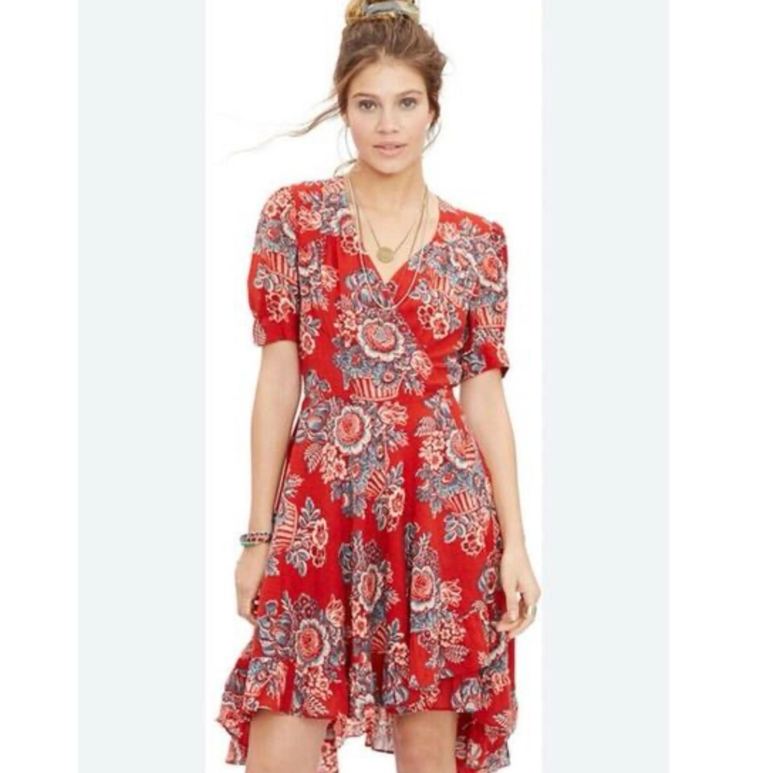 Denim & Supply Ralph Lauren Floral Linen Blend Wrap Dress Red Size Medium