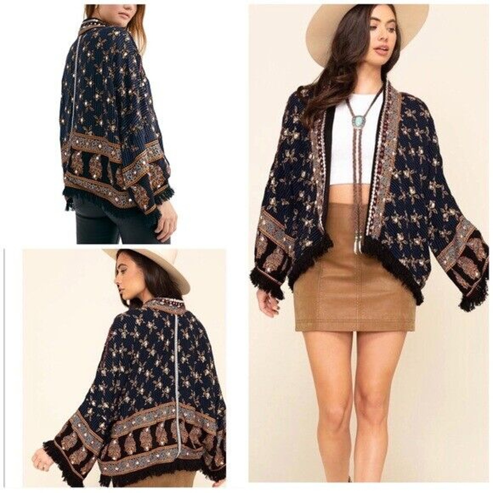Free People Womens Rays Of Light Embellished Fringe Hem Trim Floral Jacket Large