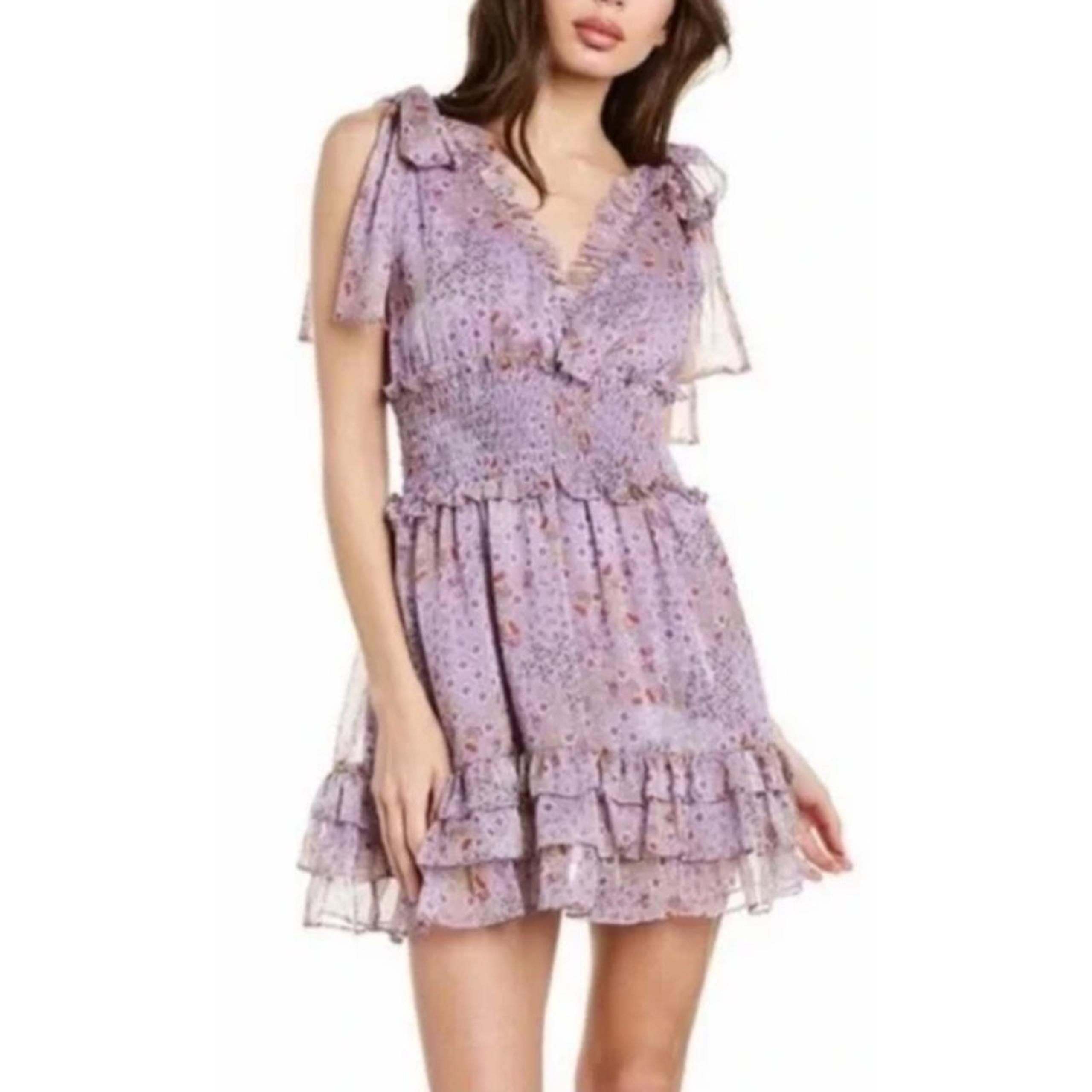 Alexis Tandie Mini Dress Womens XS Smocked Ruffled Floral Lilac Purple Coquette
