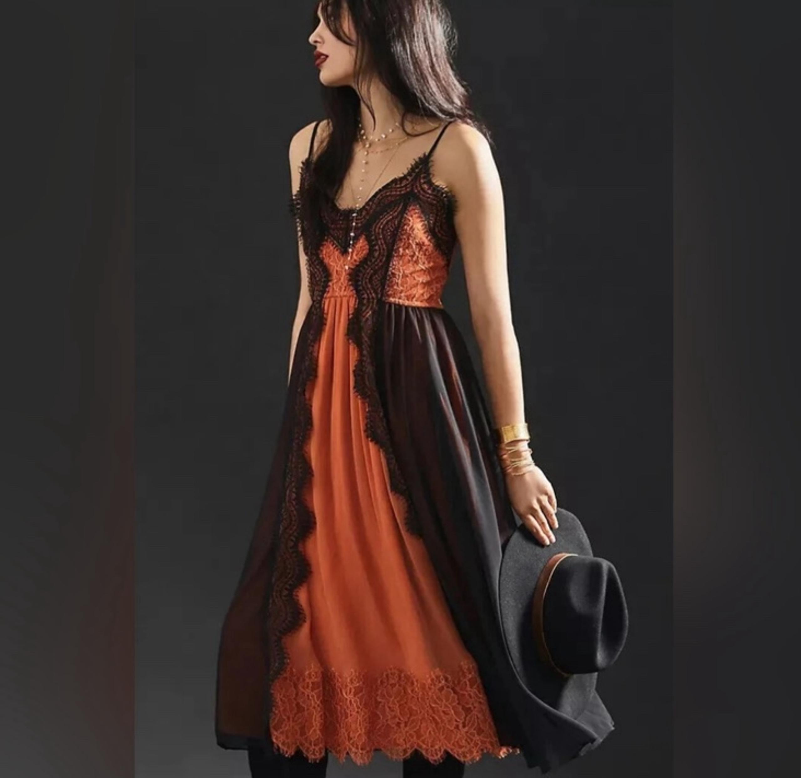 NWT Anthropologie Let Me Be Orange Black Lace Maxi Dress Size M NWT