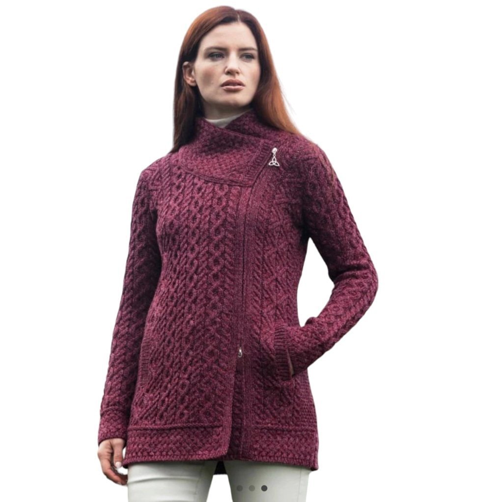 Women's Aran Crafts XS Purple Marl Athenary Asymmetrical Zip Up Cardigan Coat