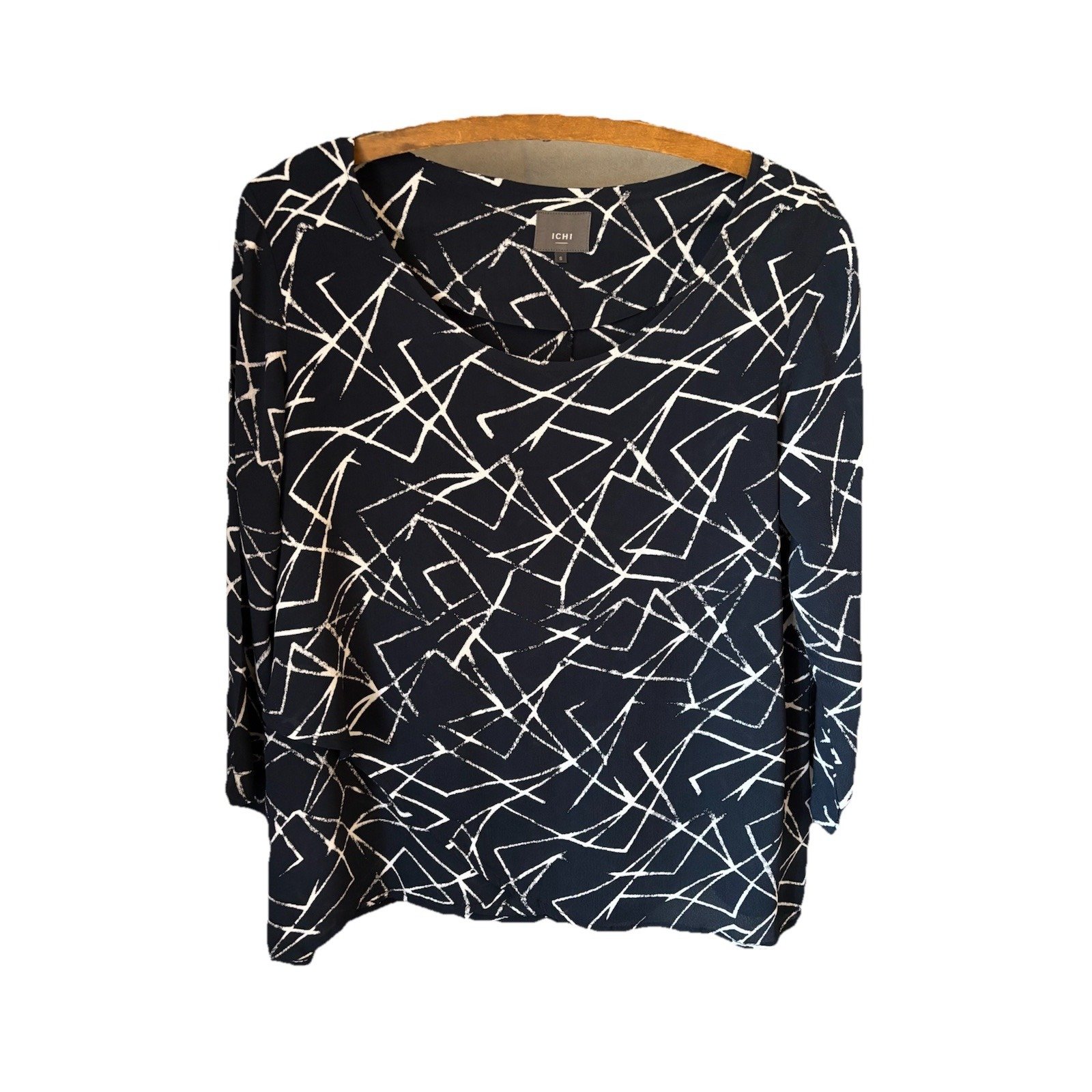 ICHI Antiquites KLEO TO Double Frill Blouse Navy Bold Pattern Women Small Resort