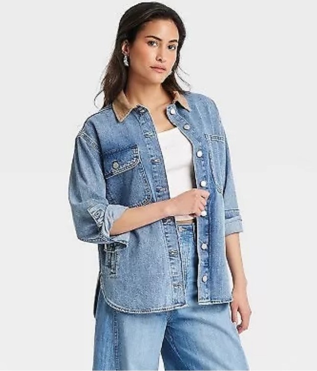 NWT Universal Thread Women's Long Sleeve Denim Shacket Corduroy Collar L