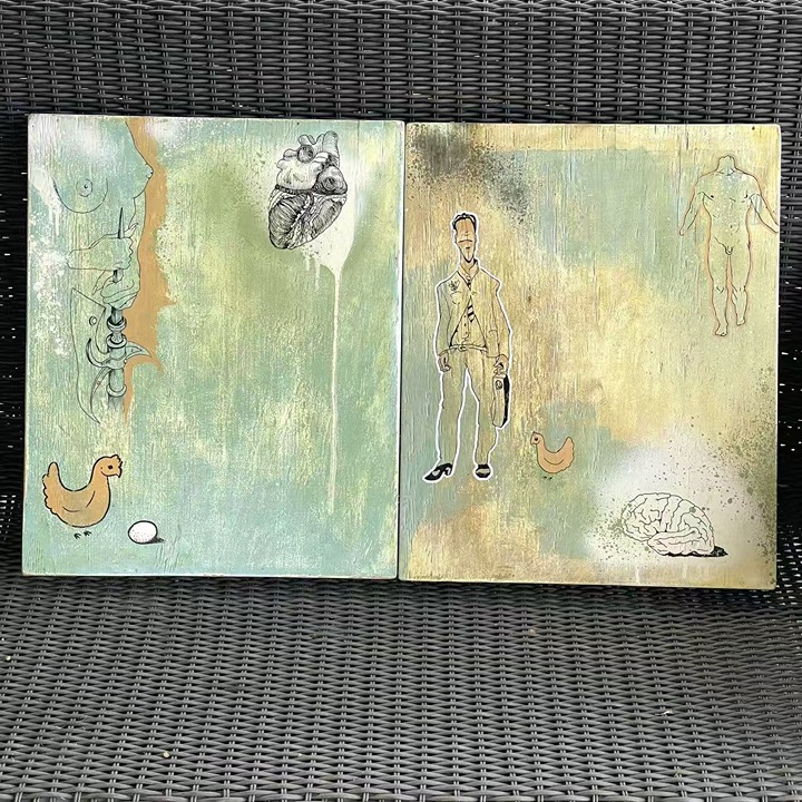 Pair of Abstract Paintings Life Cycle Artist Hand-drawn on Wooden Panels 24 x19
