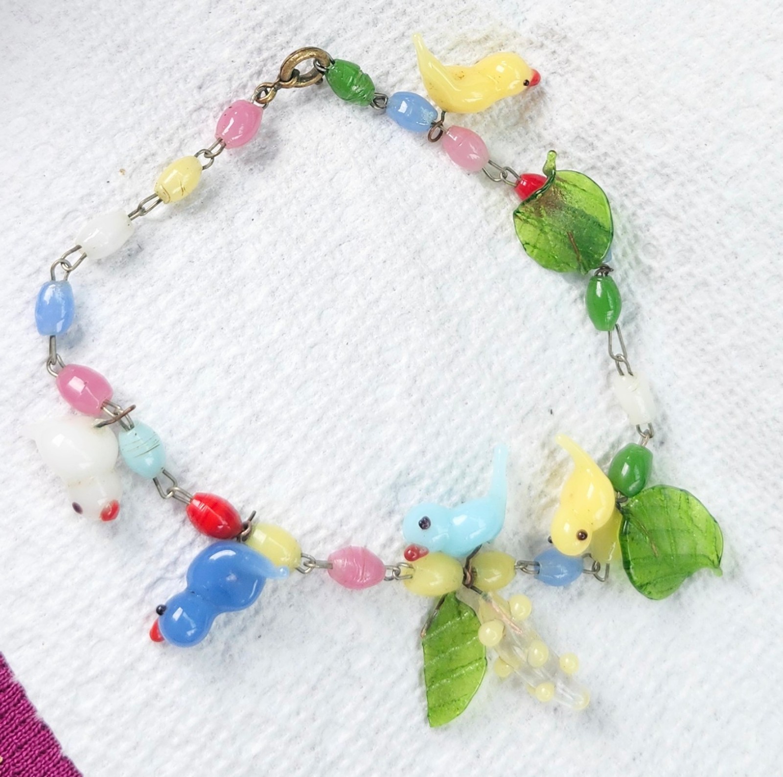 Vintage 1930s Venetian Czech Glass Tutti Fruity Bird Charm Bracelet