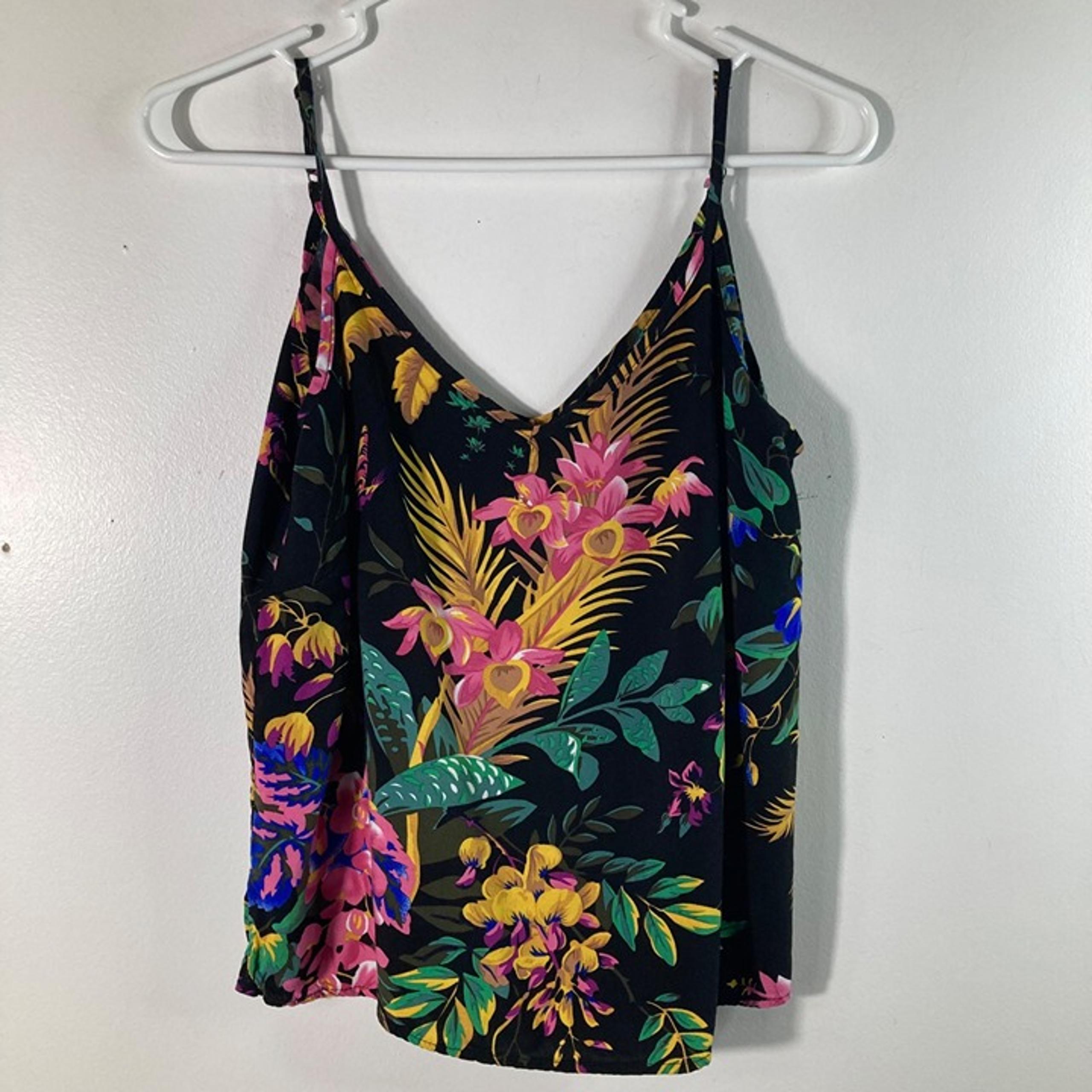 Womens Cynthia Rowley V Neck Hawaiian Tank Top Black Pink S Rayon
