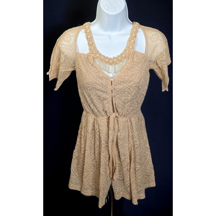 Monda Belle Beige Flapper Style Beaded Lace Romper
