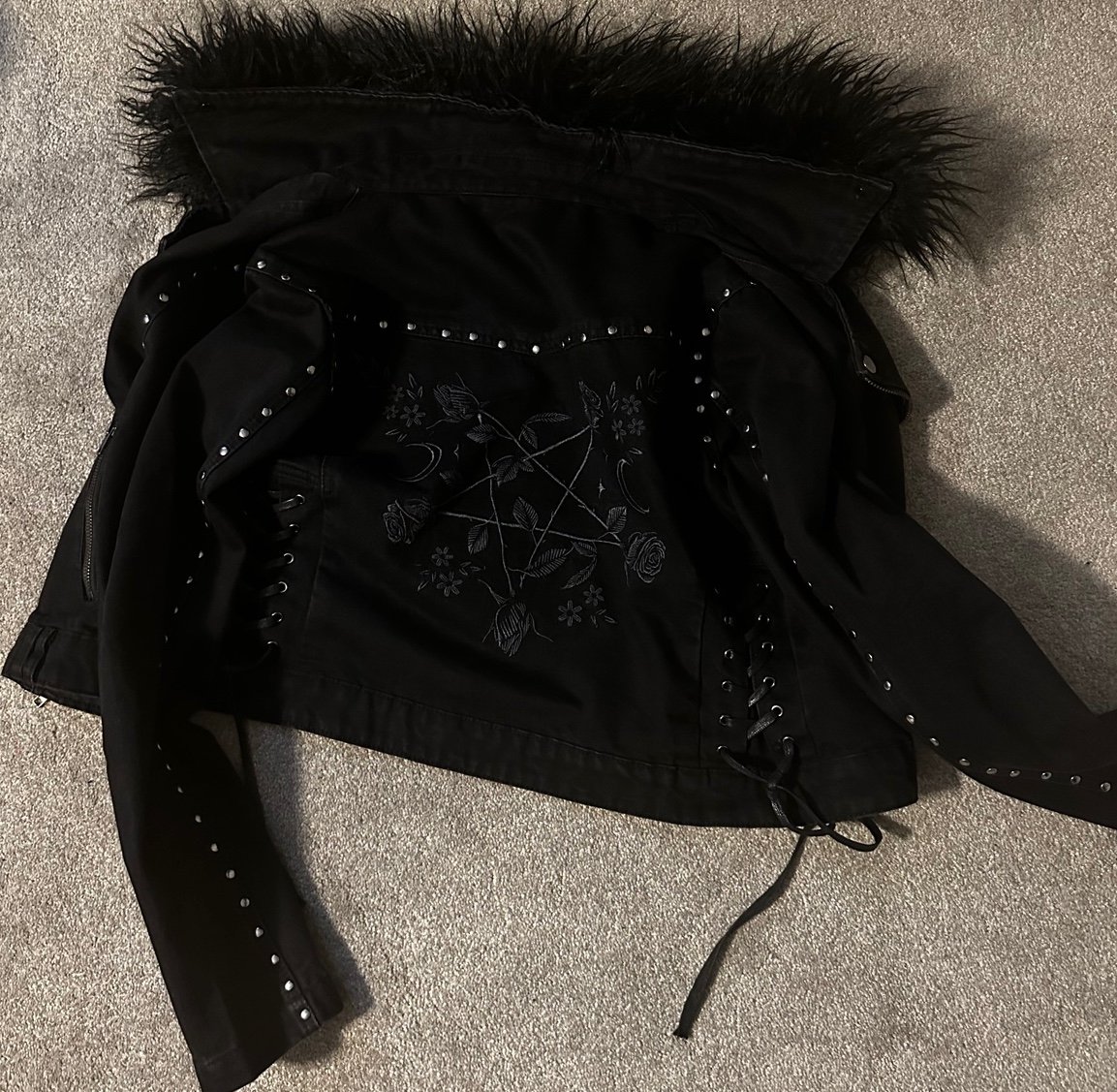 Killstar black denim jacket pentagram fur goth xl
