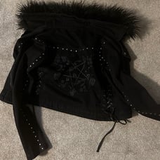 Killstar black denim jacket pentagram fur goth xl