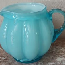 Fenton Blue Overlay Glass Melon Squat Pitcher w/ Blue Notched Handle - Vintage