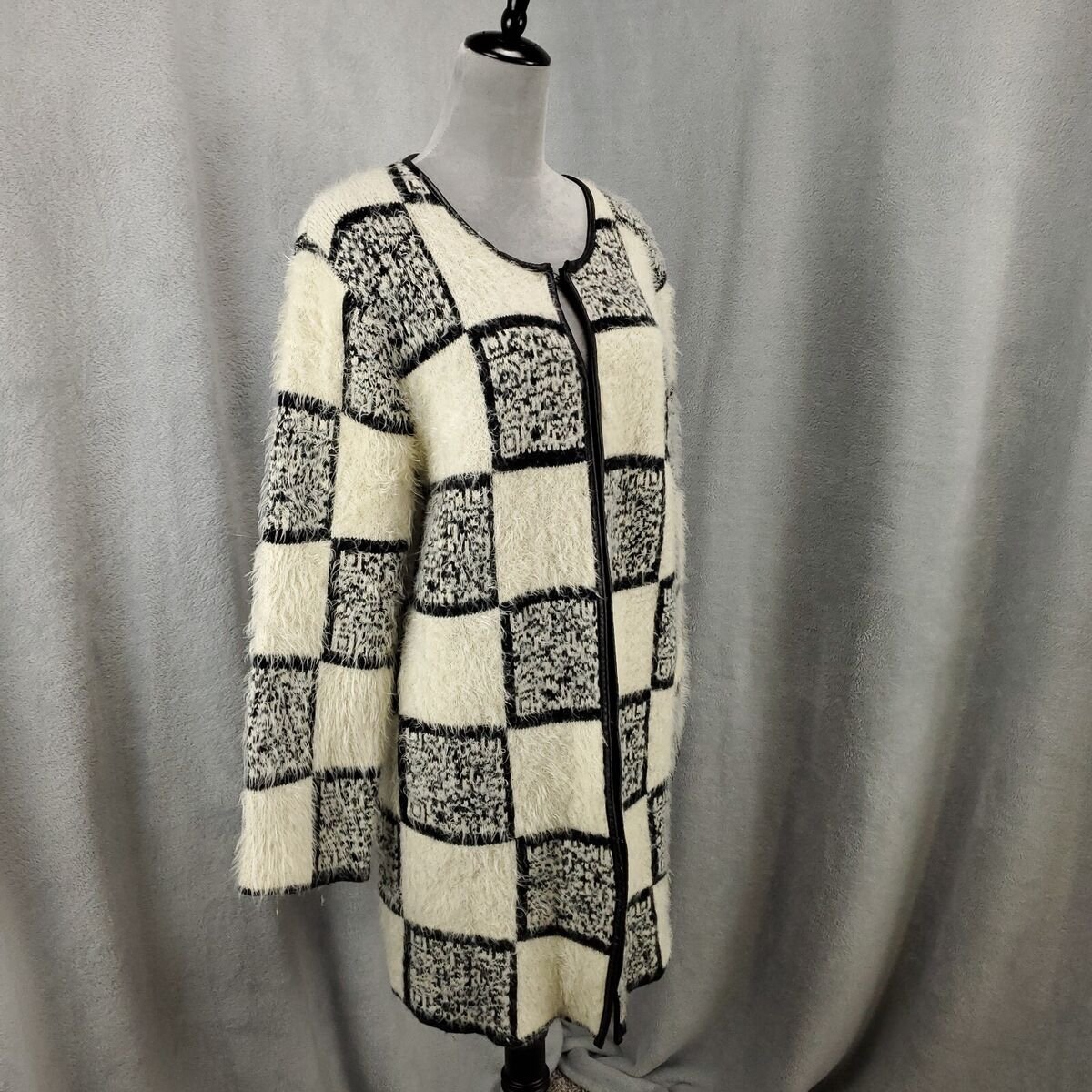 John Fashion Cardigan Womens XL Checkerboard Fuzzy Wool Blend Hook N Eye