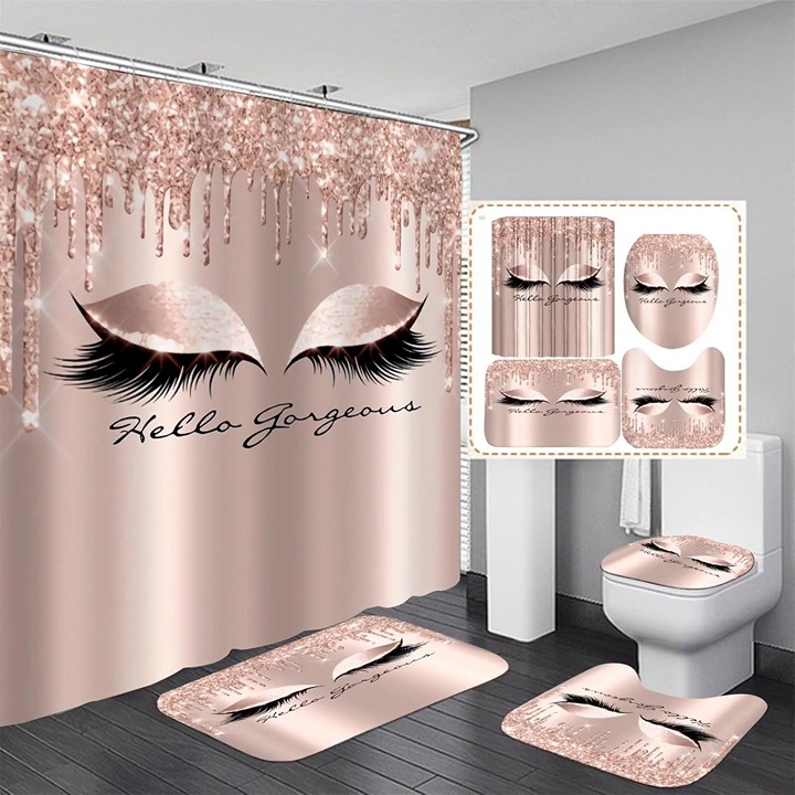 4PCS Pretty Eyelash Shower Curtain Set
