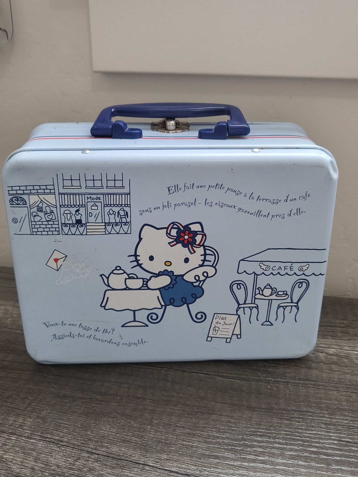 Hello Kitty Blue Angel French Cafe 2002 Metal Lunch Box *Rare!* UP